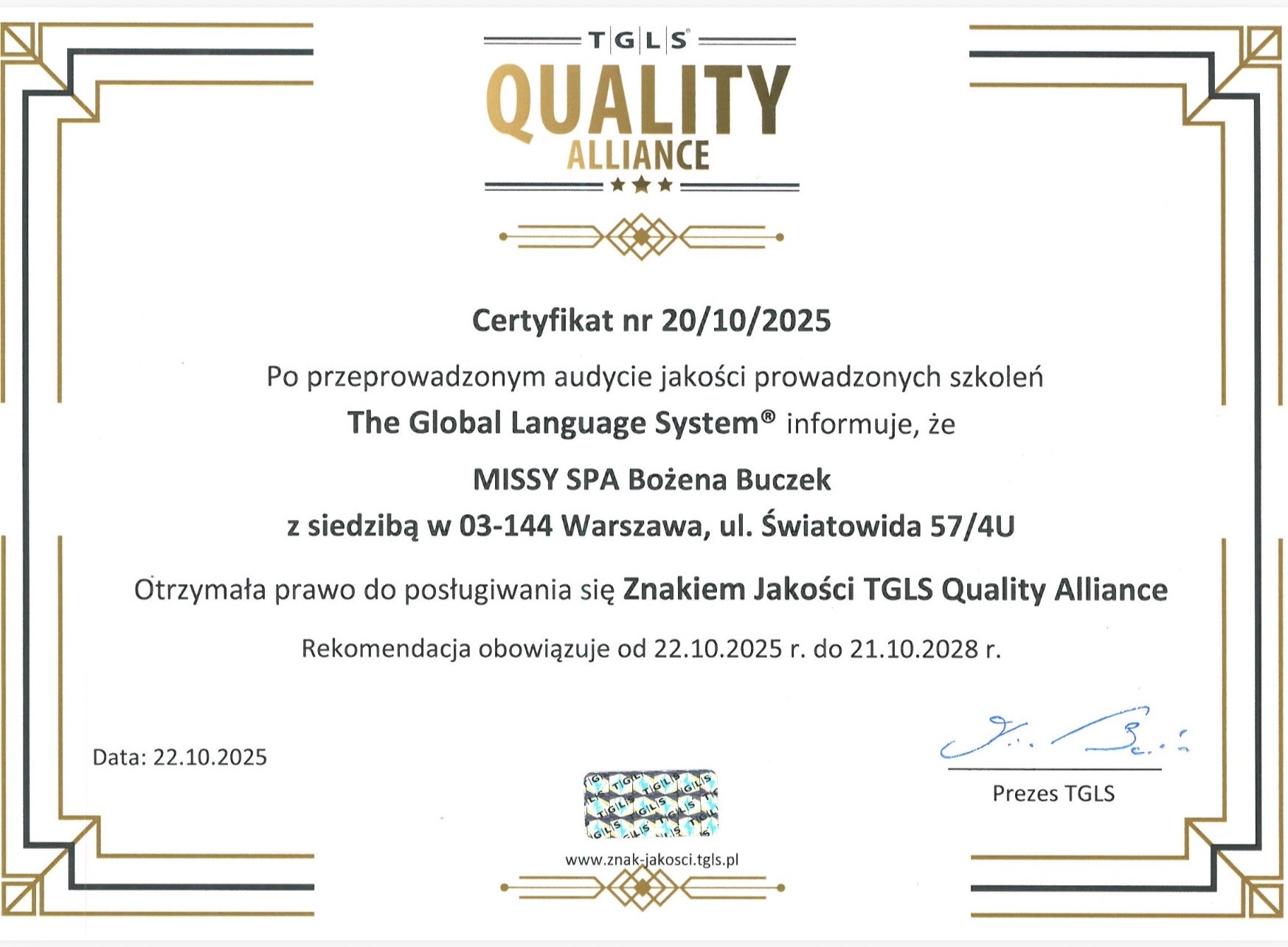 Certyfikat Jakości Missy Spa Certyfikat Jakości Missy Spa